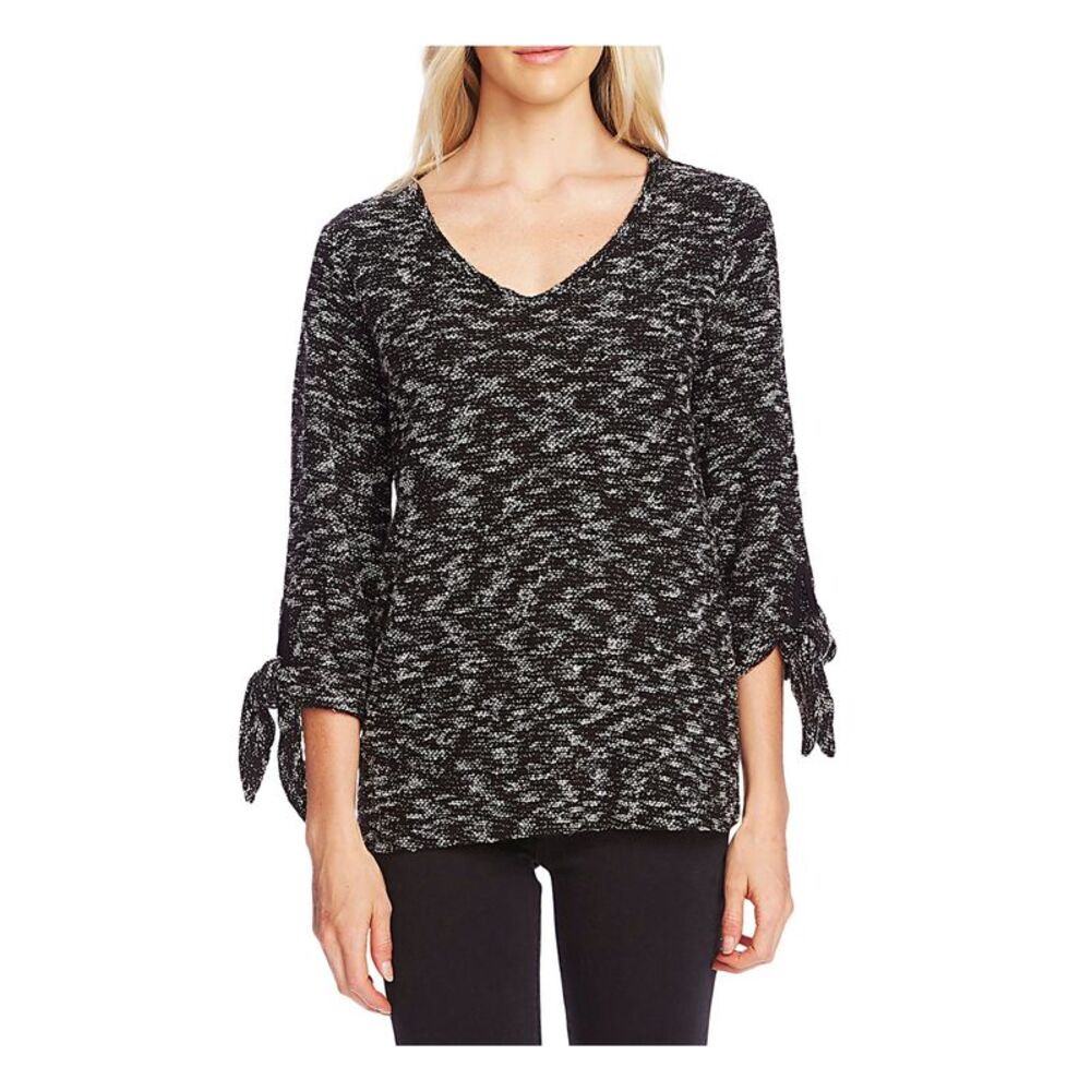 VINCE CAMUTO Womens Black Patterned Long Sleeve V Neck Blouse S